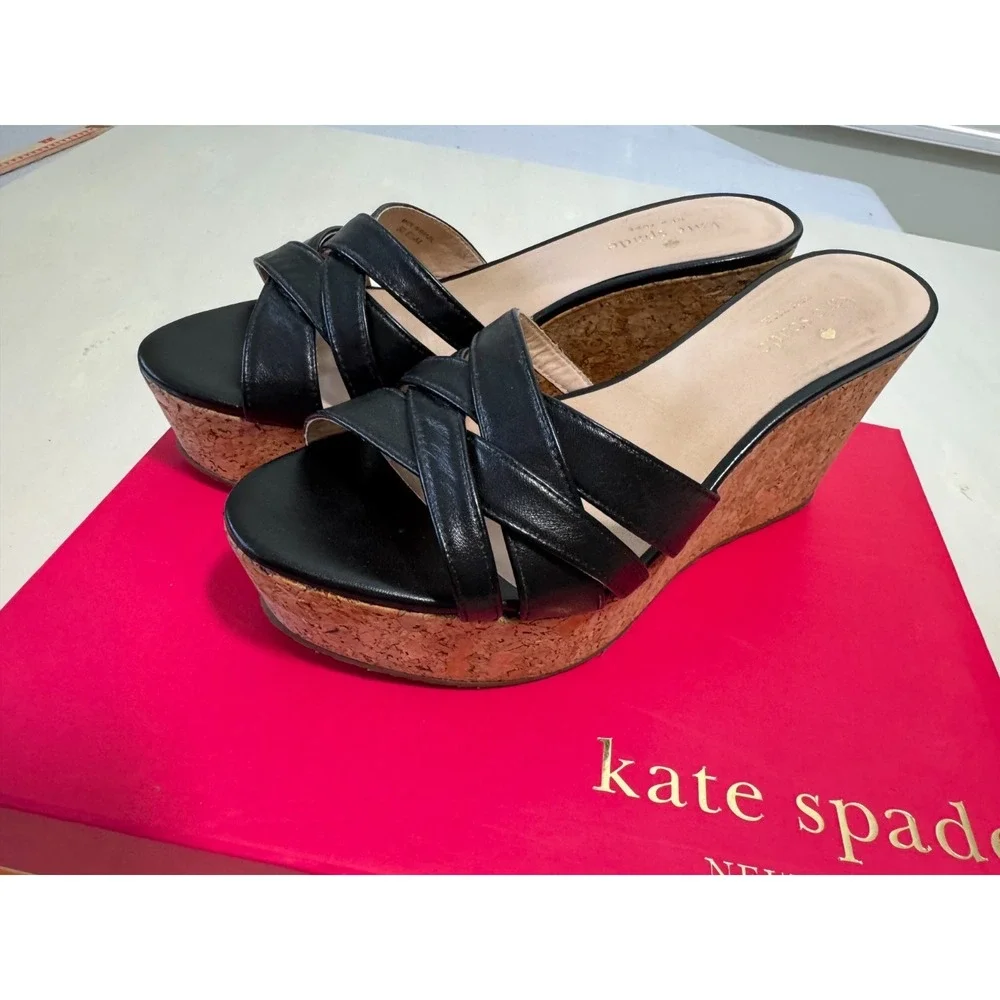 Kate Spade 6.5 Black Wedge Espadrilles Cork Leather Slide Mule Sandal Talcott